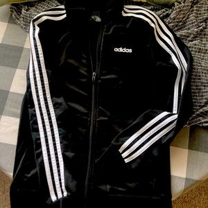 Adidas Jacket Black with white stripes. Boys S 8/10. No flaws. Worn Once.